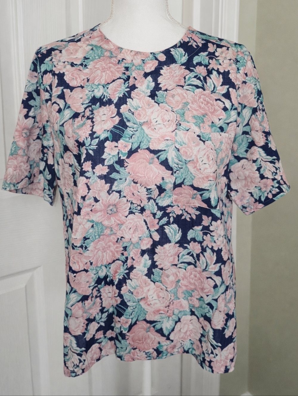 Vintage 90s Haberdashery by Leslie Fay Floral Blouse Boxy Dolman Sleeve Navy